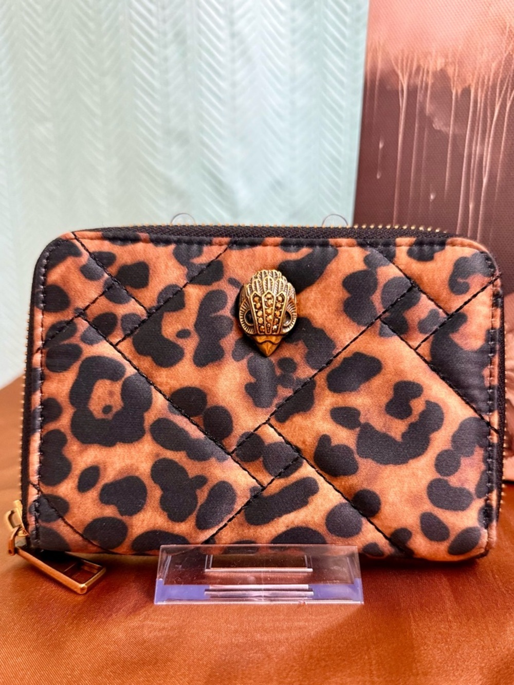 Kurt Geiger Leopard Print Quilted Zip Wallet - Black & Tan